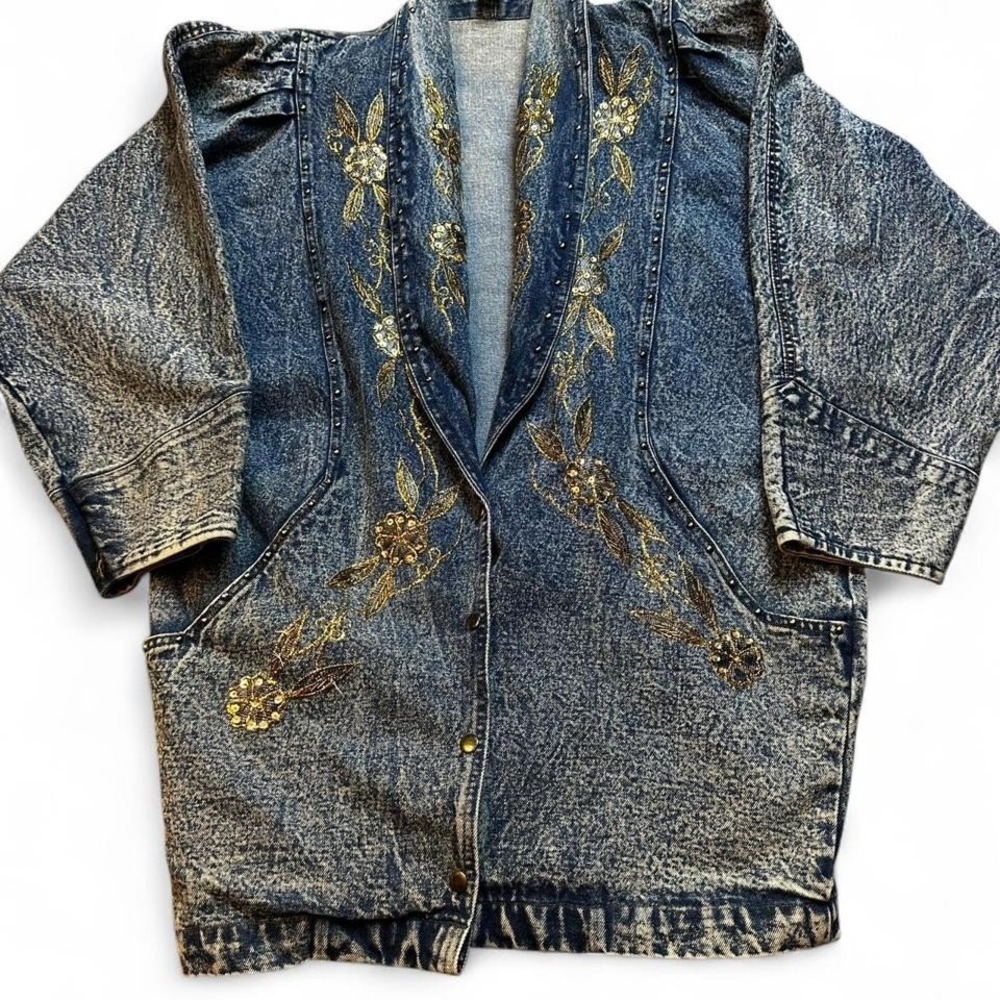 Vintage‎ 80s acid wash denim duster jacket gold floral design size small